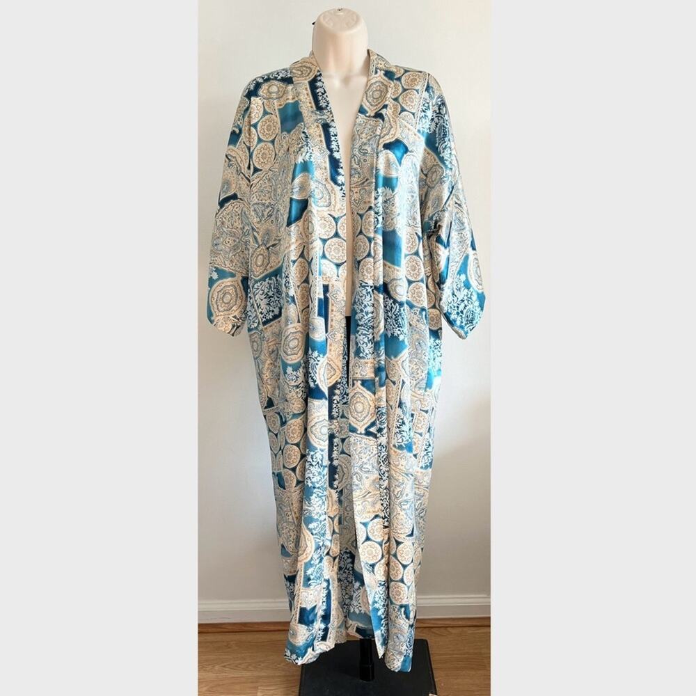 Vintage Satin Robe Inner Most Teal Blue Tan Geometric Mandala Style Pattern - Picture 2 of 7